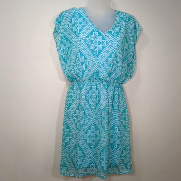 Alya Women's Aqua/White Patterned Dress , Size L - Picture 1 of 6